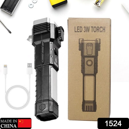 Portable 3w Rechargeable Torch Led Flashlight Long Distance Beam Range Hammer And Strong Magnets Window Glass And Seat Belt Cutter 4 Modes For Car Camping Hiking Indoor Outdoor - LootFaat