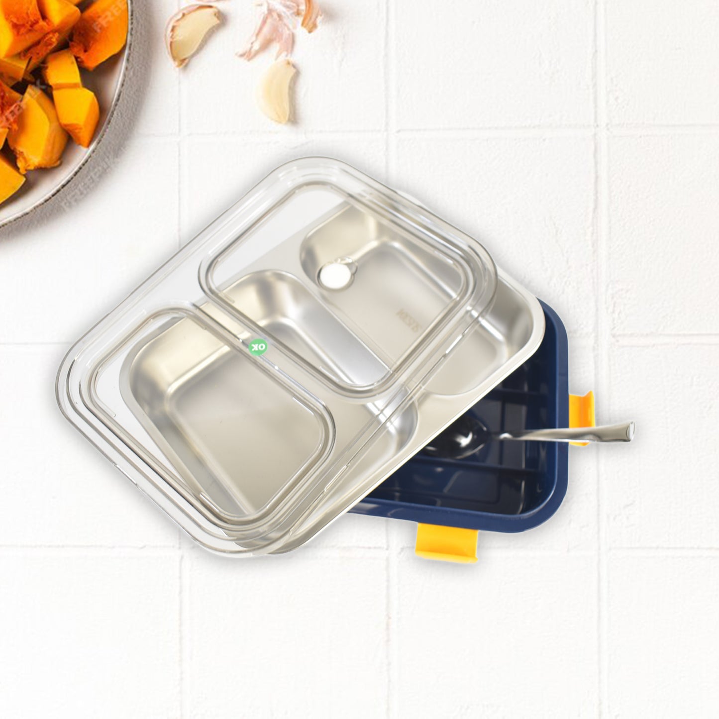 Stainless Steel Lunch Box 2 Section Lunch Box With Spoon - LootFaat