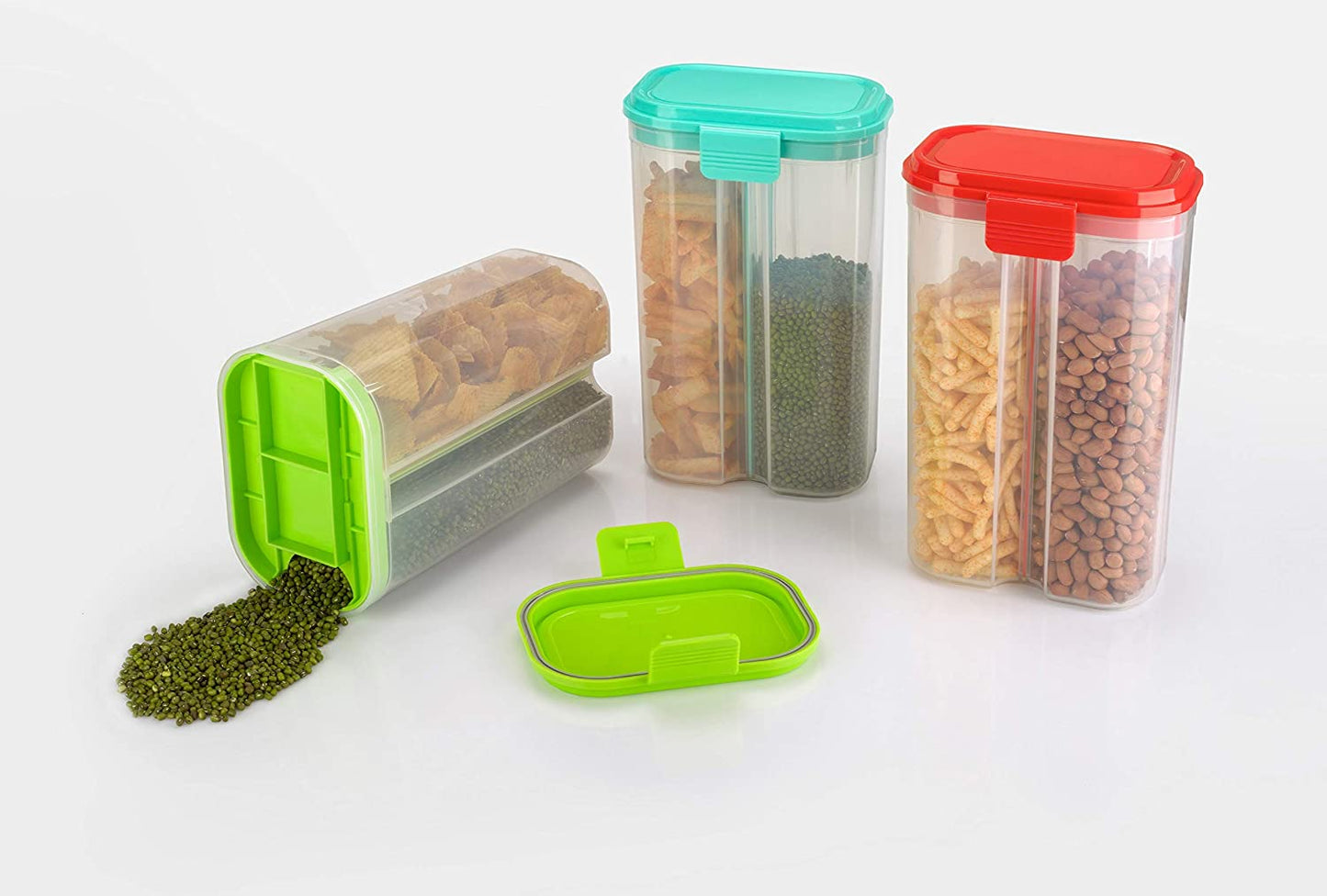 Plastic 2 Sections Air Tight Transparent Food Grain Cereal Storage Container (2 Ltr) (With Box) - LootFaat