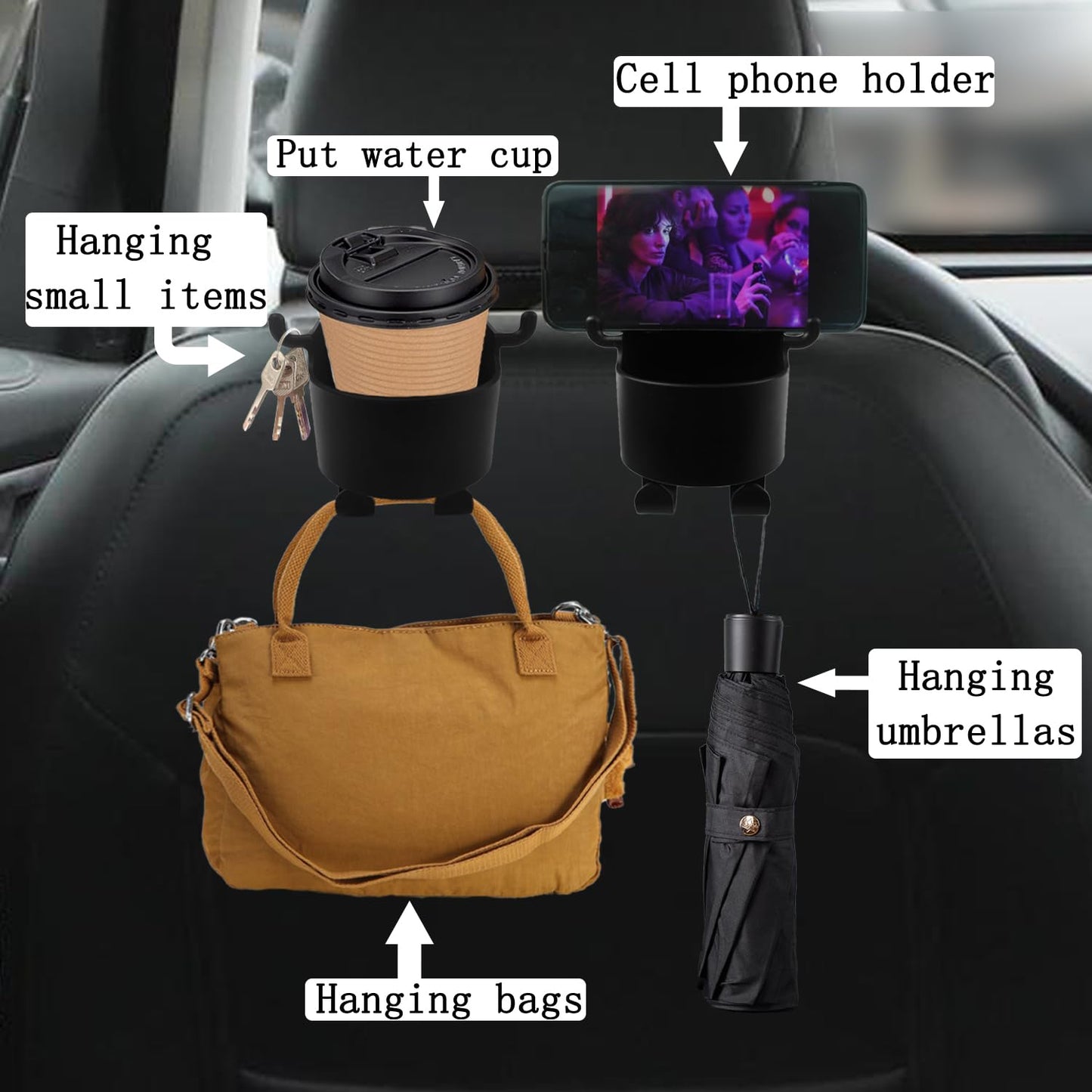 Car Headrest Backseat Organizer 3 In 1 Automotive Cell Phone Drink Cupholder Adapter With Headrest Hooks For Kids And Adults Multifunctional Storage For Car Travel Accessories - LootFaat
