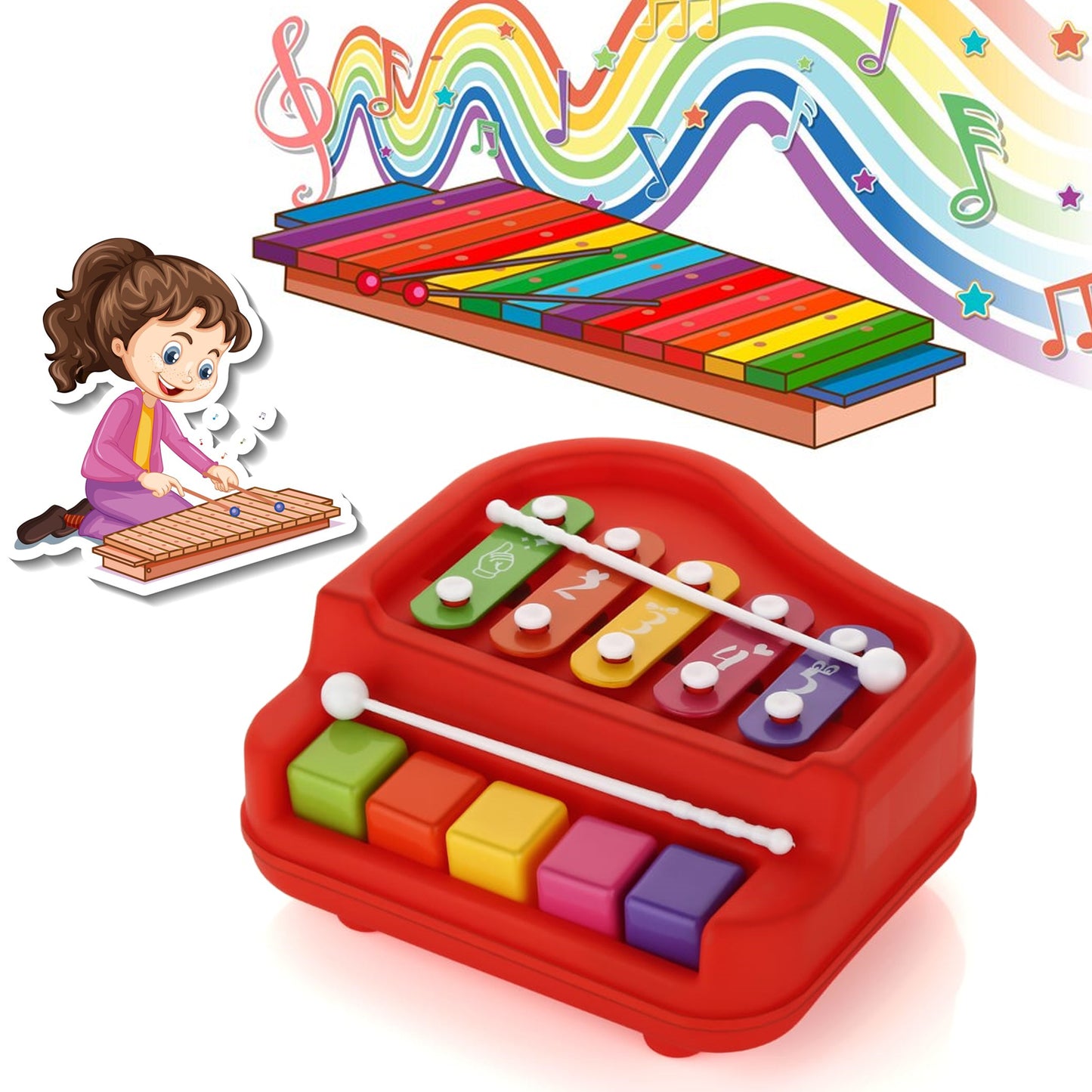 2 In 1 Baby Piano Xylophone Toy For Toddlers 5 Multicolored Key Keyboard Xylophone Piano Preschool Educational Musical Learning Instruments Toy For Baby Kids Girls Boys 3+ Years(1 Pc) - LootFaat