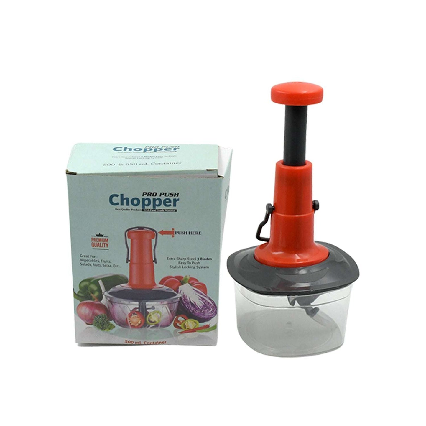 Manual Press Fruit Vegetable Chopper With 3 Stainless Steel Blades Anti-slip Base And Locking System Cutting Chopper For Kitchen (650 Ml)