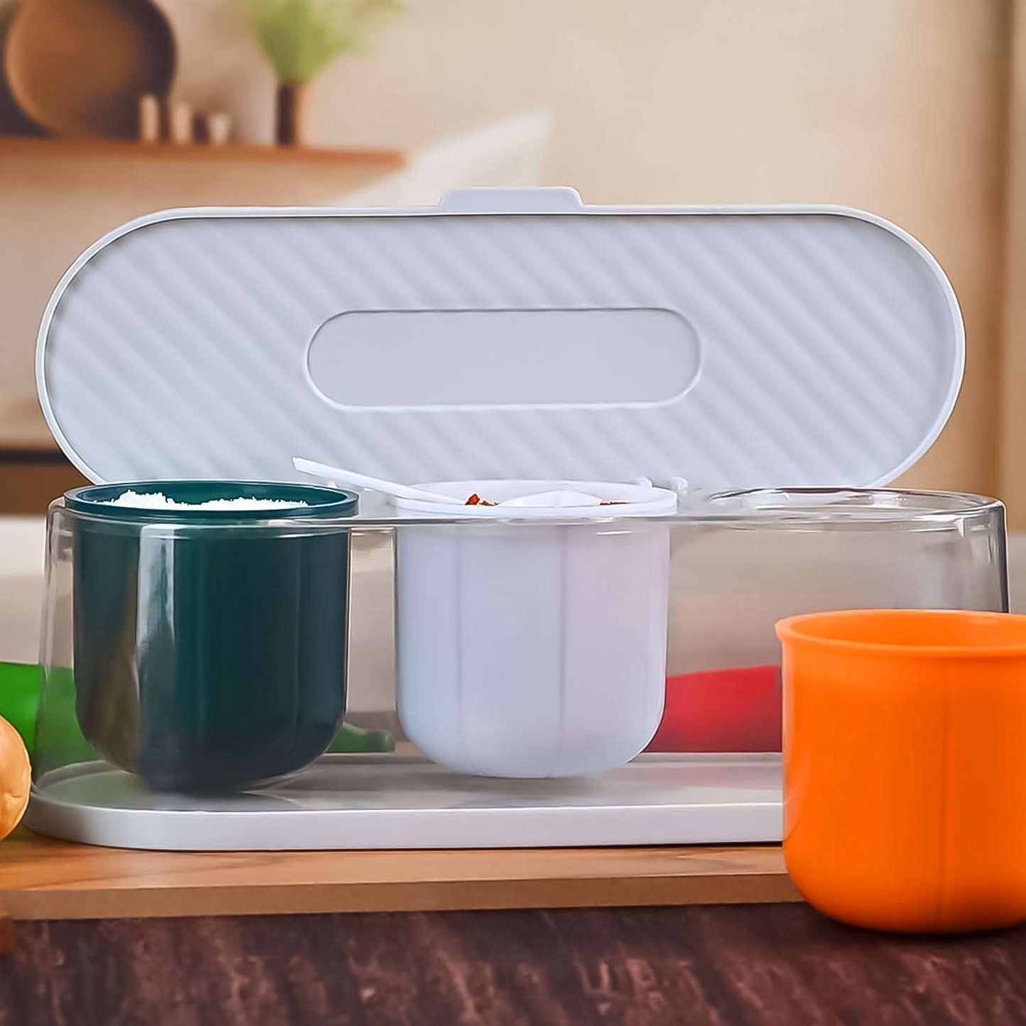Home Kitchen 3 Grid Seasoning Spice Masala Box Kit With Spoon (Multicolor 1 Set) - LootFaat