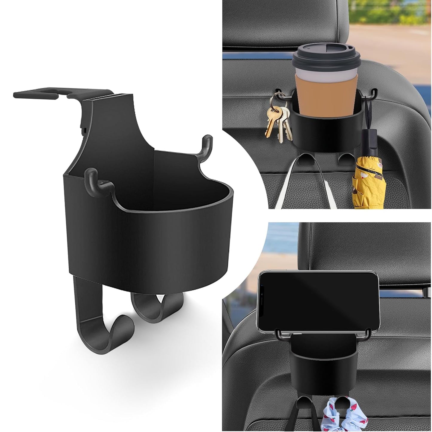 Car Headrest Backseat Organizer 3 In 1 Automotive Cell Phone Drink Cupholder Adapter With Headrest Hooks For Kids And Adults Multifunctional Storage For Car Travel Accessories - LootFaat