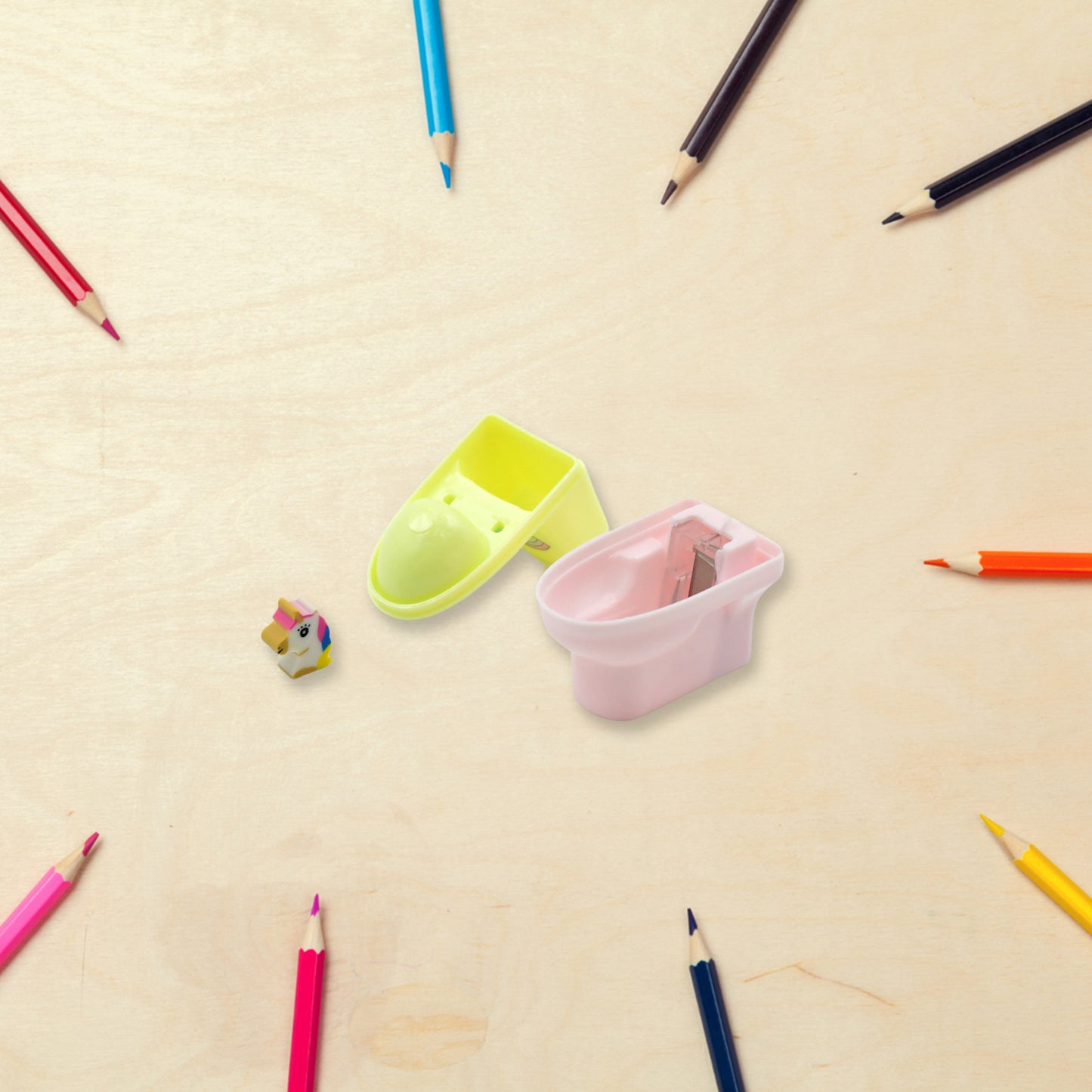Toilet Pencil Sharpener Plastic Pencil Sharpener Novelty Pencil Sharpener Cute Cartoon Stationery Gift Small Toilet Shaped Sharpener With Eraser Wheel For School Kids (2 Pc Set) - LootFaat