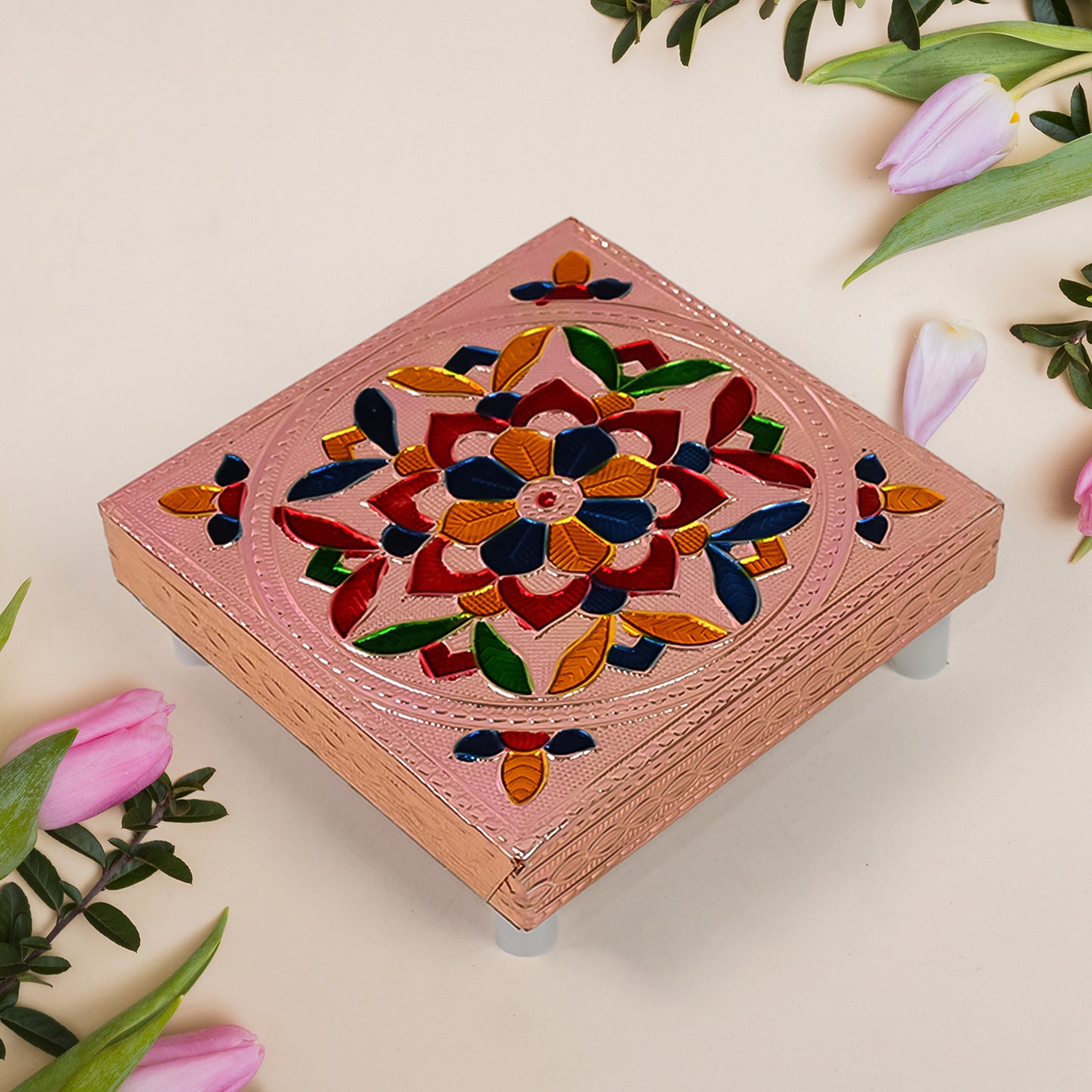 Handicraft Meenakari Wooden Chowki Puja Bajot For Home Office Decor For Puja Multicolour (1 Pc Set) - LootFaat