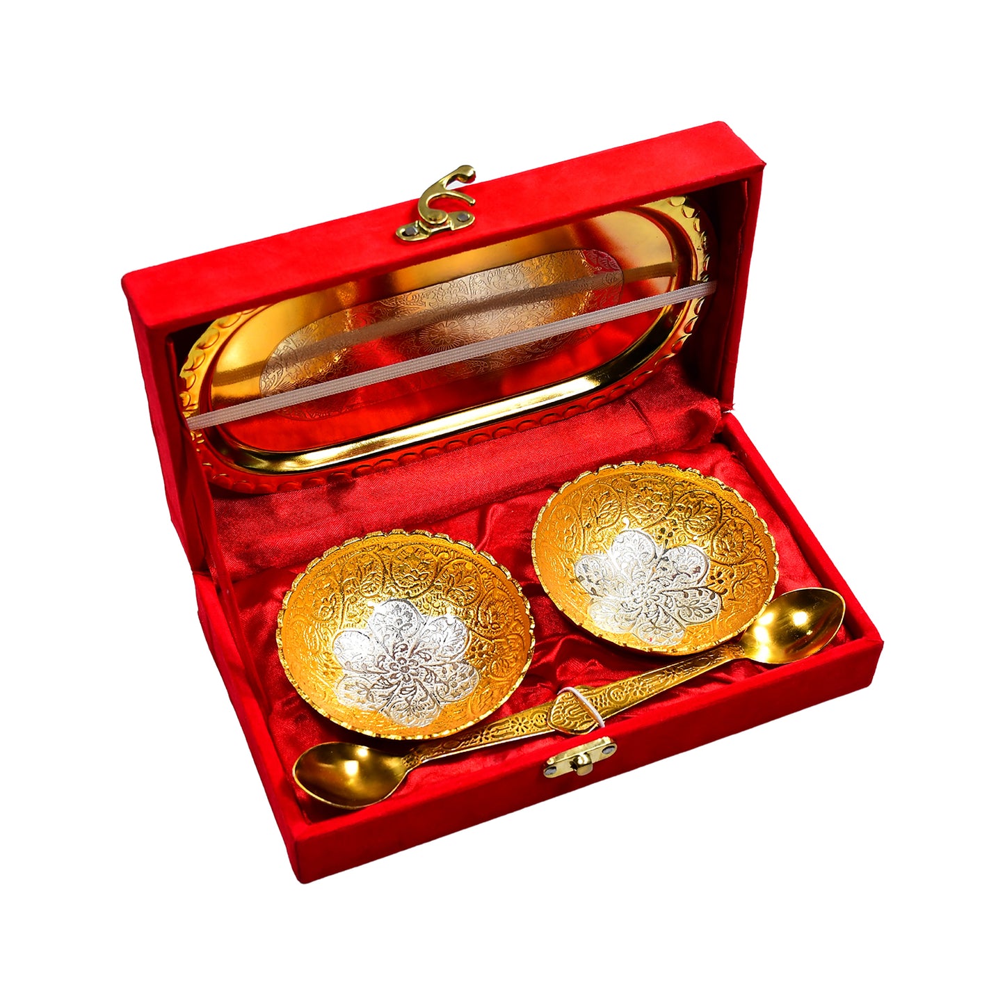 Gold Silver Plated 2 Bowl 2 Spoon Tray Set Brass With Red Velvet Gift Box Serving Dry Fruits Desserts Gift - LootFaat