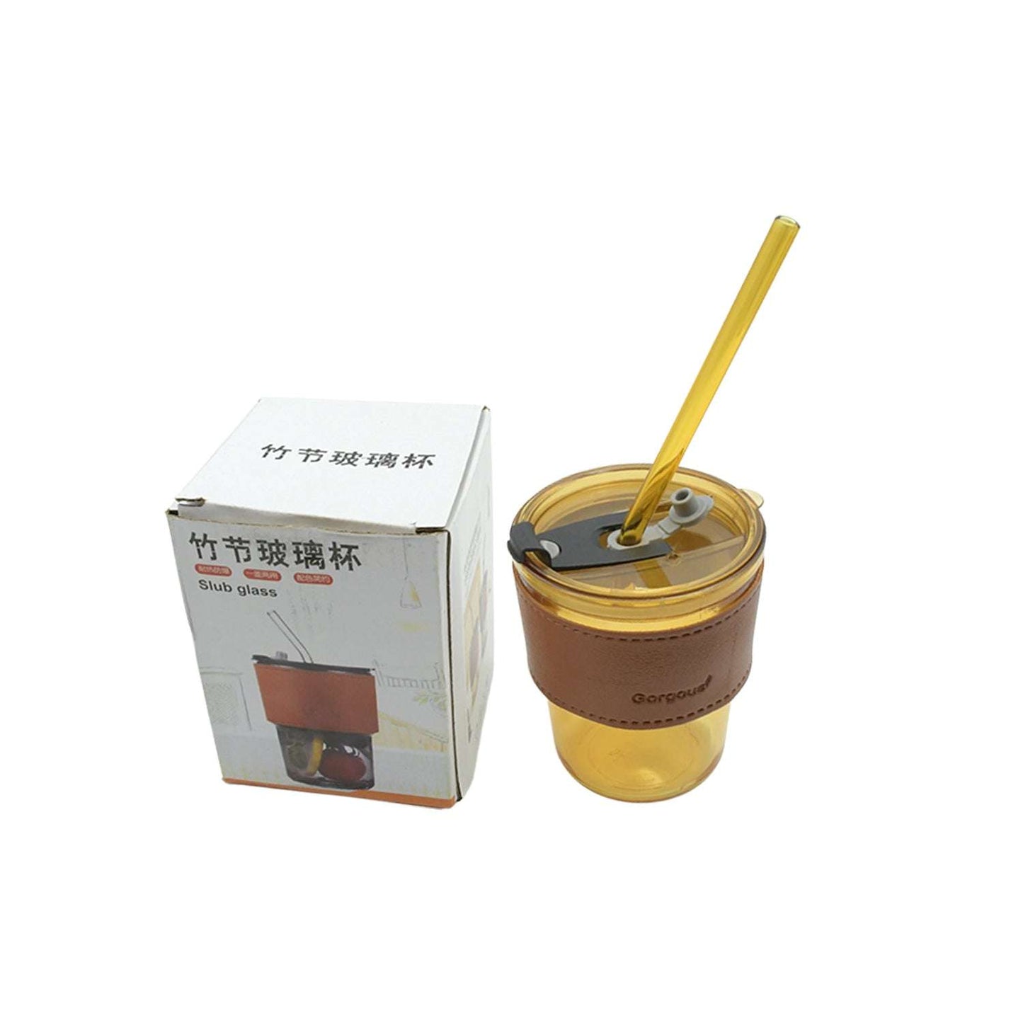 Home Glass Coffee Mugtea Cup With Glass Straw And Leakproof Lid Travel Friendly Cups With Heatproof Sleeves - LootFaat