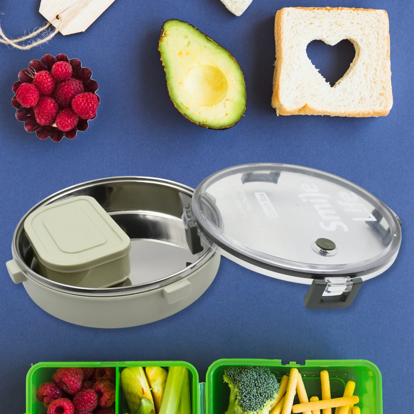 Miracle Stainless Steel Round Lunch Box With Small Plastic Box Insert Leak Proof Lunch Box With Transparent Lid Lunch Box For Kids Adults For School Office (450 Ml + 250 Ml Approx) - LootFaat