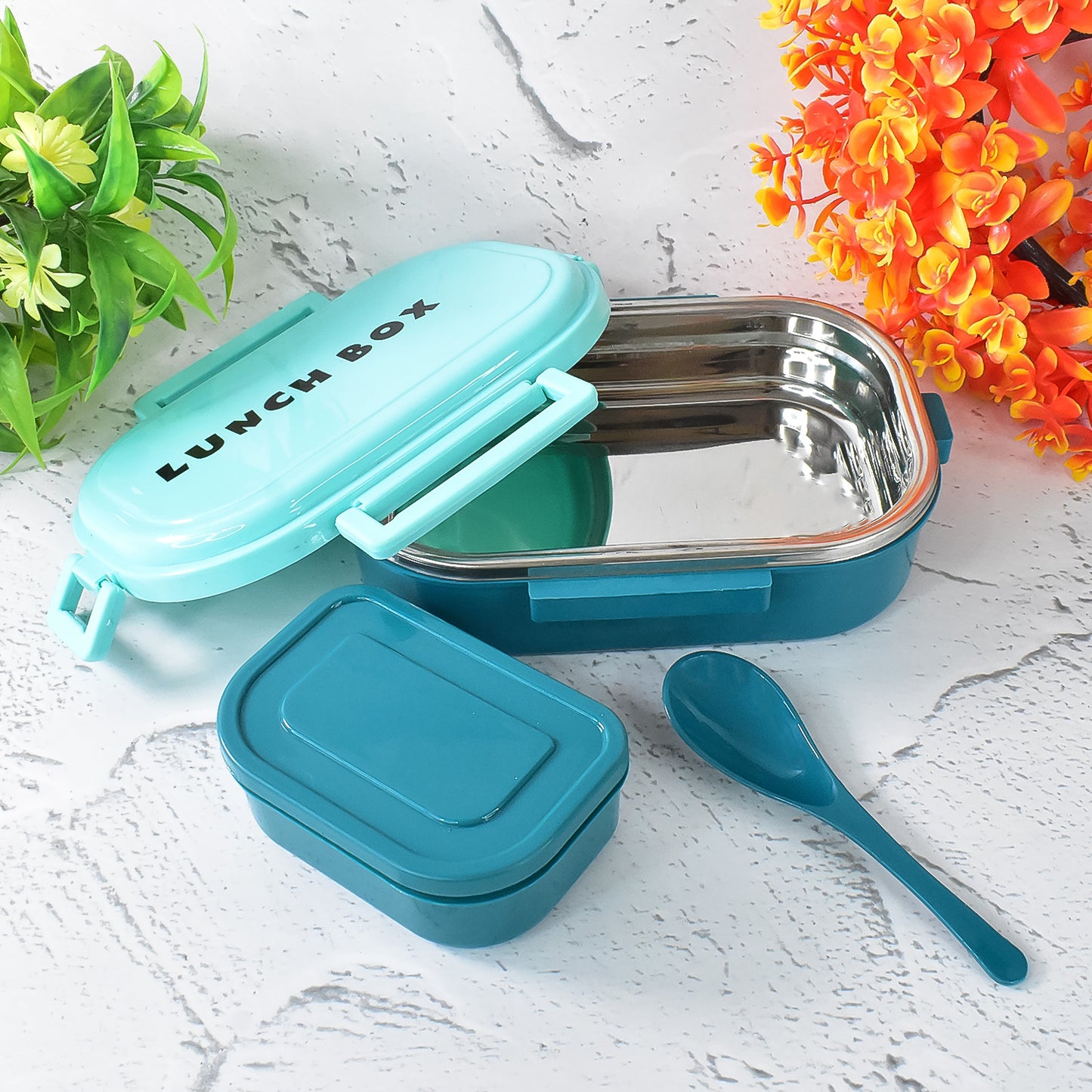 3 In 1 Spicy Bite Stainless Steel Lunch Box With Plastic Small Box Spoon (1 Set) - LootFaat