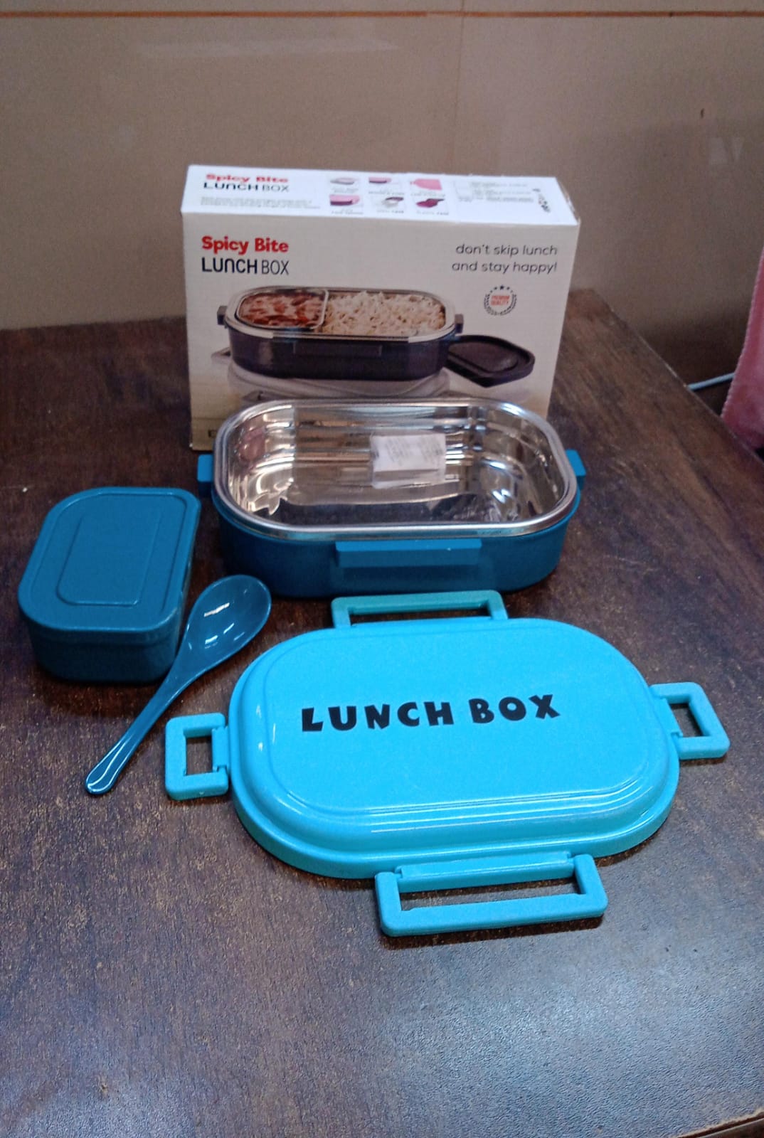 3 In 1 Spicy Bite Stainless Steel Lunch Box With Plastic Small Box Spoon (1 Set) - LootFaat
