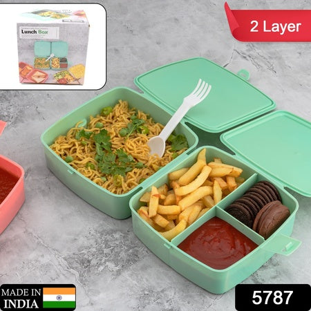 Double-layer Square Lunch Box With Spoon 4 Compartment Tiffin Push Lock Plastic Tiffin Box For Travelling School Kids Office Exclusive Home - LootFaat