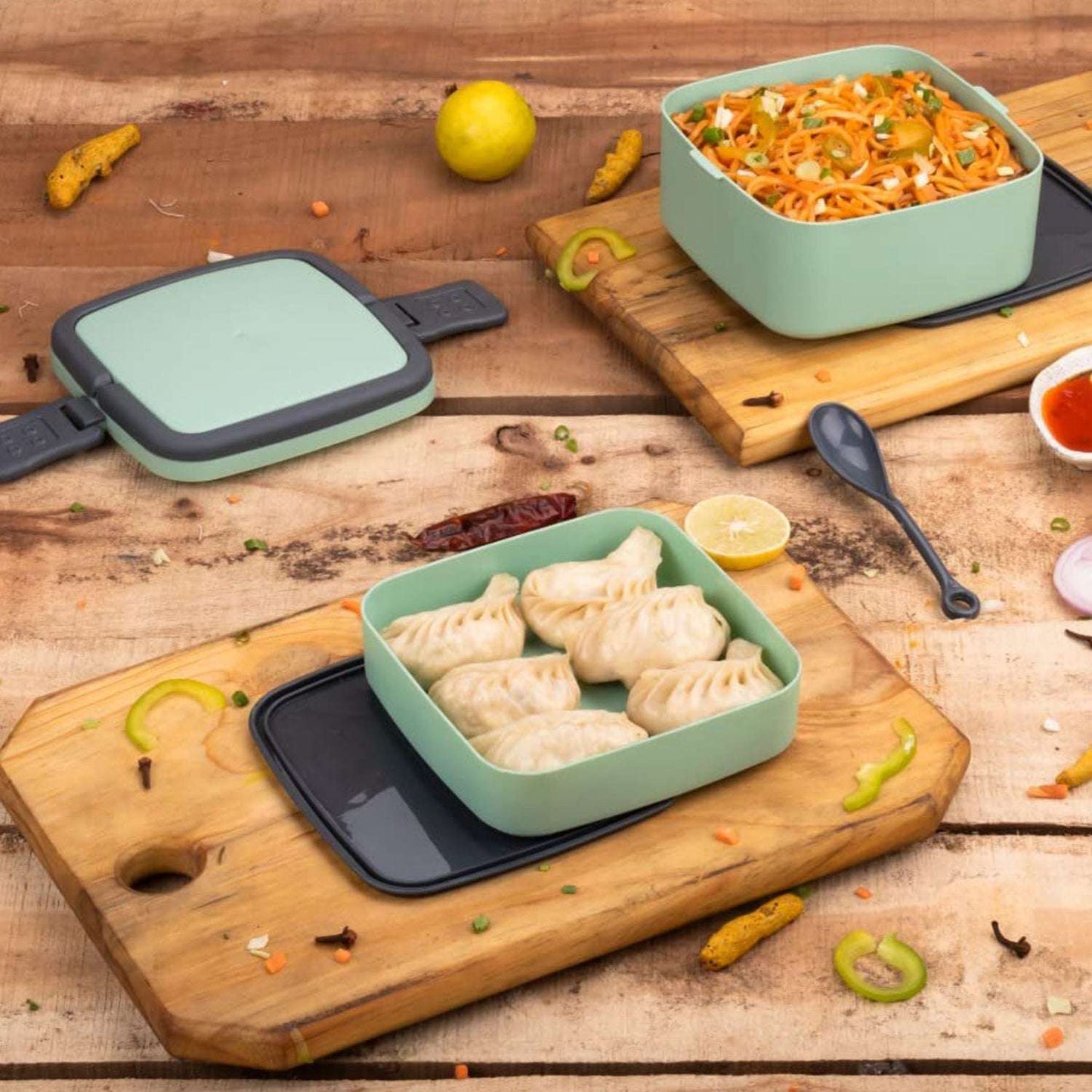 Green Double-layer Portable Lunch Box Stackable With Carrying Handle And Spoon Lunch Box - LootFaat