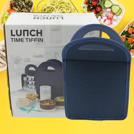 6in1 Tiffin Box-lunch Box 3 Stainless Steel Containers Plastic Lid Box Spoon Fork Plastic Bottle Insulated Fabric Bag Leak Proof Microwave Safe For Office College And School For Men Women (6 Pcs) - LootFaat