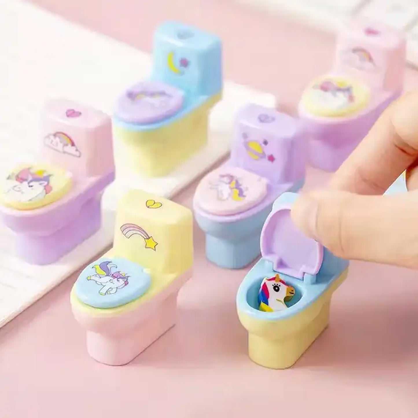 Toilet Pencil Sharpener Plastic Pencil Sharpener Novelty Pencil Sharpener Cute Cartoon Stationery Gift Small Toilet Shaped Sharpener With Eraser Wheel For School Kids (2 Pc Set) - LootFaat