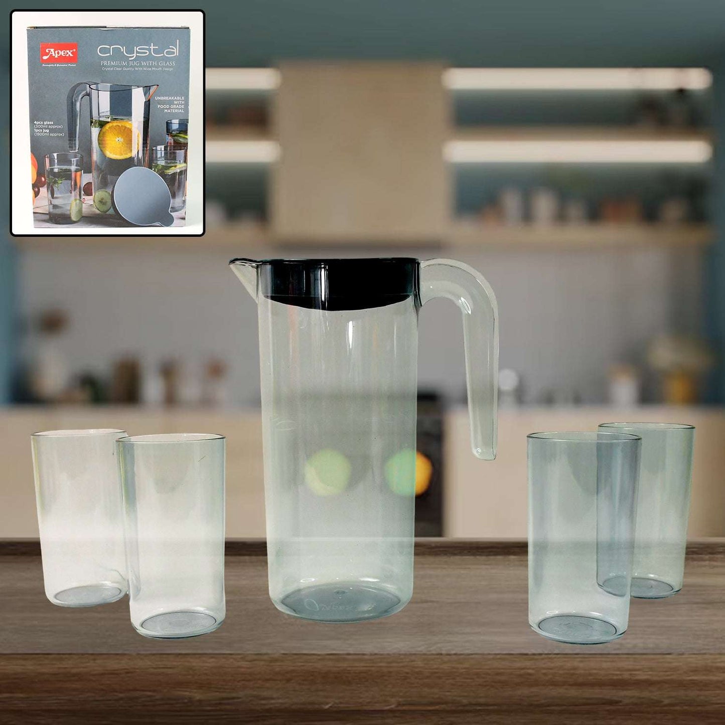 Apex Crystal Premium Jug With Lid 4 Pcs Glass (1500 Ml 300 Ml Approx 5 Pcs Set)