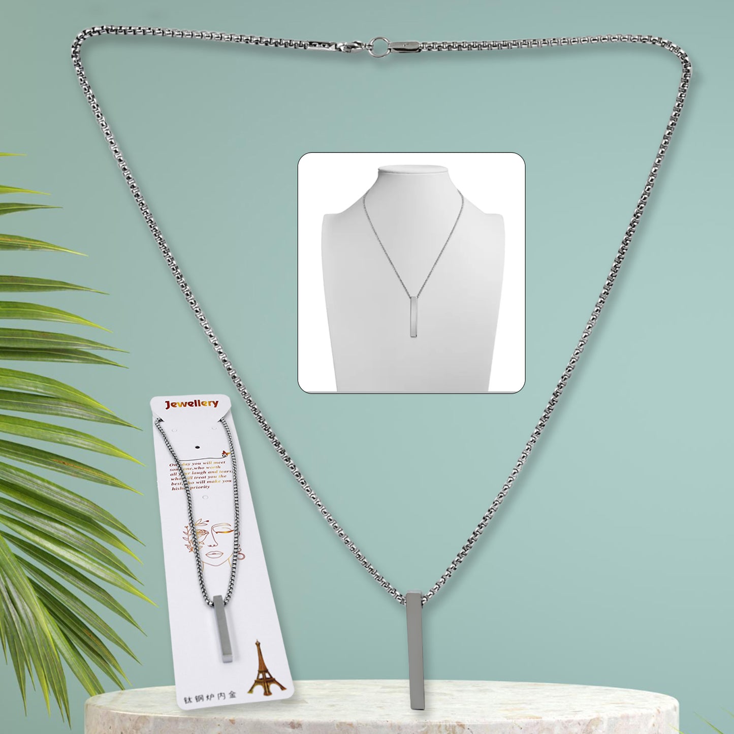 Stainless Steel Plain Stick Shape Locket With Chain (1 Pc) - LootFaat