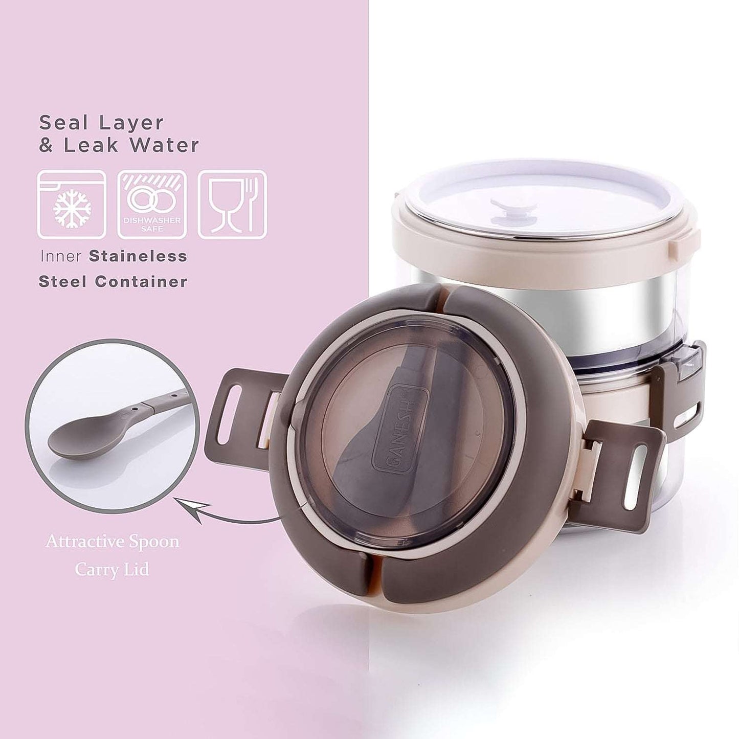 Ganesh Steko-2 Double Layer Insulated Stainless Steel Lunch Box with Spoon
