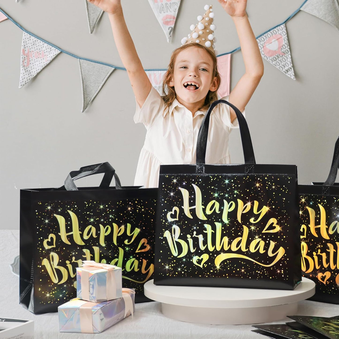 Birthday Gift Bag With Gold Shiny Stars Reusable Party Gift Bags (1 Pc) - LootFaat