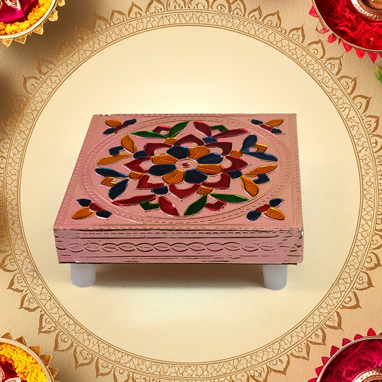 Handicraft Meenakari Wooden Chowki Puja Bajot For Home Office Decor For Puja Multicolour (1 Pc Set) - LootFaat