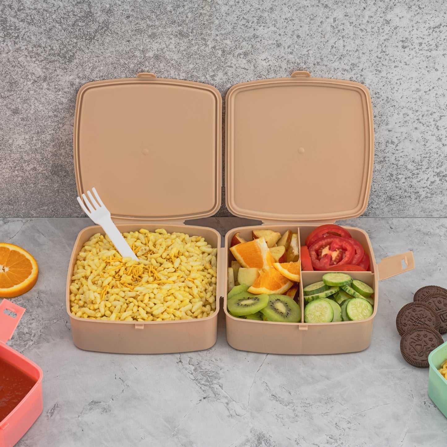 Double-layer Square Lunch Box With Spoon 4 Compartment Tiffin Push Lock Plastic Tiffin Box For Travelling School Kids Office Exclusive Home - LootFaat