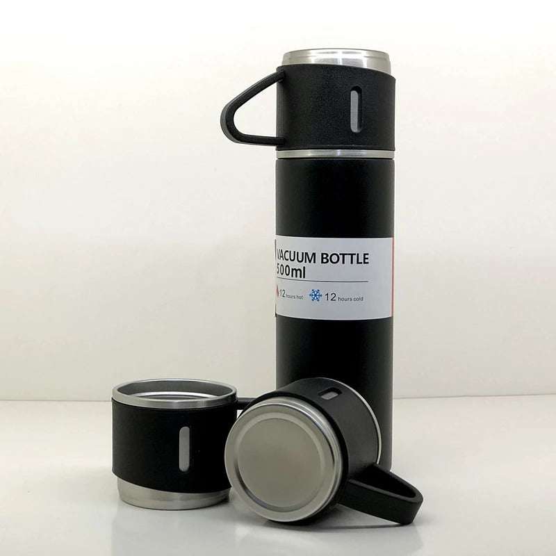 Stainless Steel Vacuum Flask Set With 3 Steel Cups Combo For Coffee Hot Drink And Cold Water Flask Ideal Gifting Travel Friendly Latest Flask Bottle. (500ml) - LootFaat