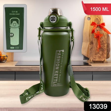 Liter Stainless Steel Water Bottle With Straw Strap Handle Vacuum Insulated Thermos Flask Double-walled Coffee Thermos Flask Leak-proof Water Bottle For Sports Fitness Gym (1500ml) - LootFaat