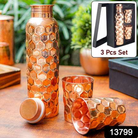 Diamond Cut Copper Water Bottle 2 Glasses With Gift Box (3 Pcs Set) - LootFaat