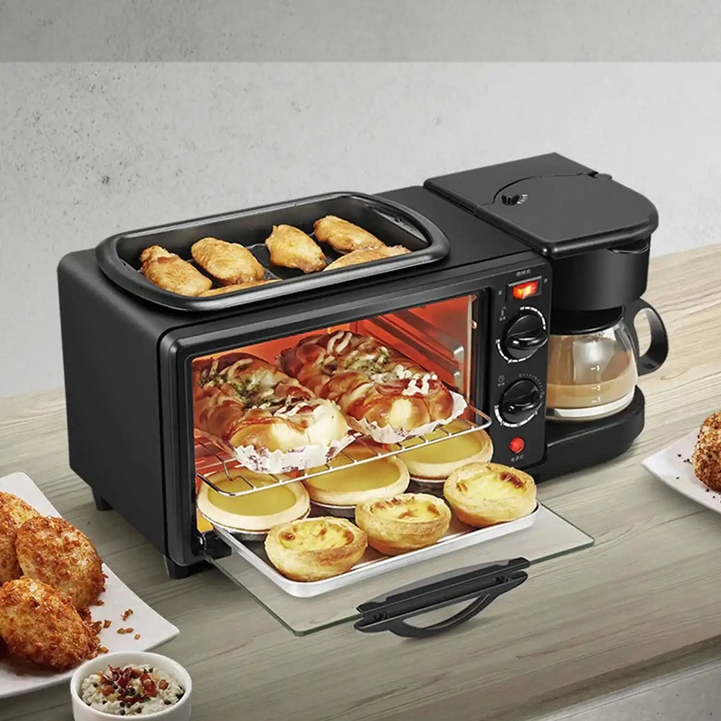 3 In 1 Breakfast Maker Portable Toaster Oven Grill Pan Coffee Maker Full Breakfast Ready At One Go