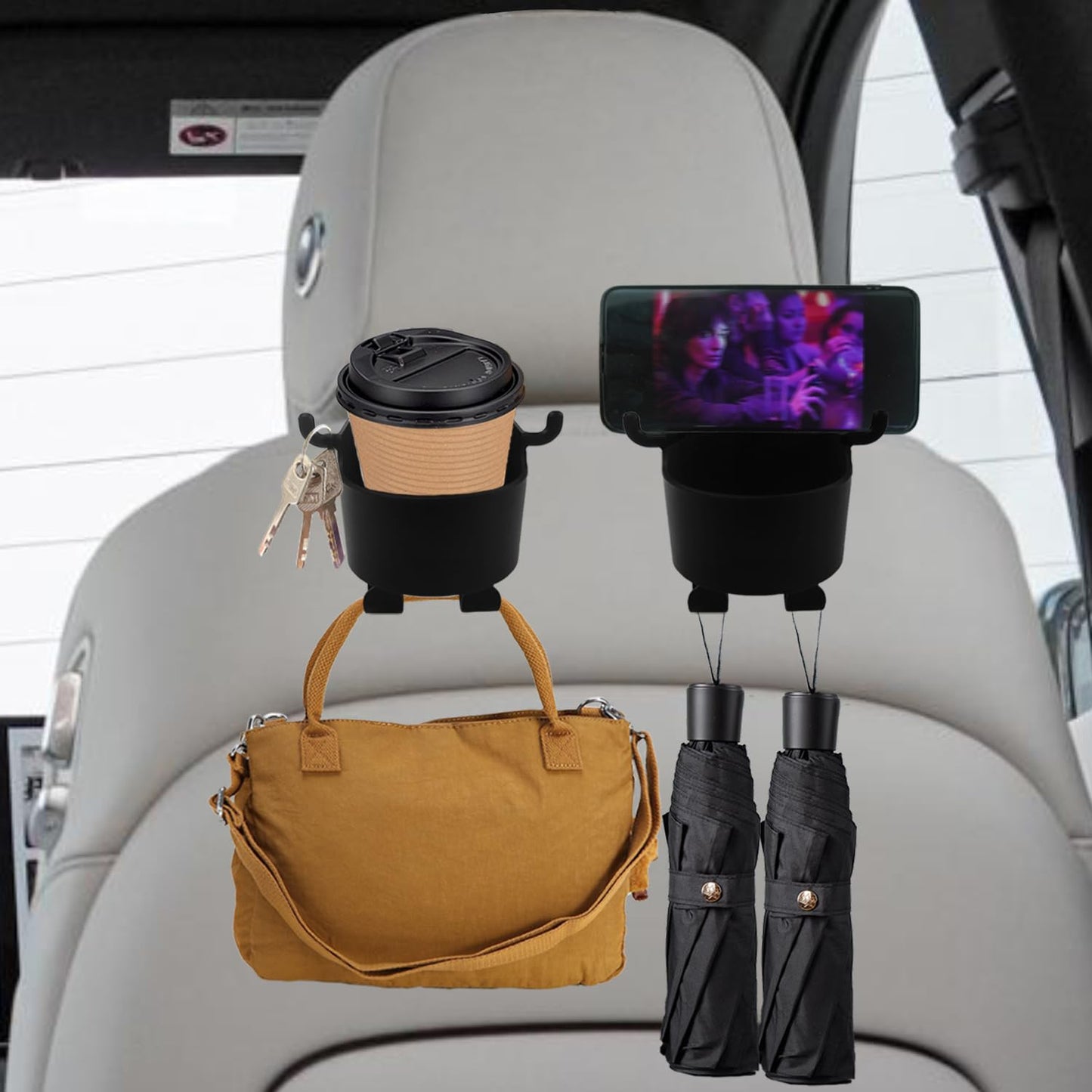 Car Headrest Backseat Organizer 3 In 1 Automotive Cell Phone Drink Cupholder Adapter With Headrest Hooks For Kids And Adults Multifunctional Storage For Car Travel Accessories - LootFaat