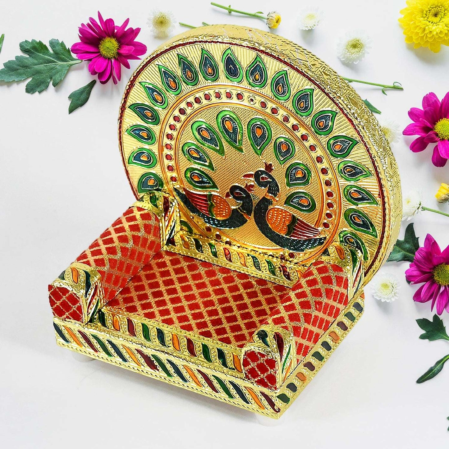 Meenakari Work Laddu Gopal Singhasan For Pooja Mandir Wooden Krishna Ladoo Bal Gopal Sofa Asan Home Decorative Premium Look Decorative Singhasan Suitable For Home Office Restaurant (2 Pc Set) - LootFaat