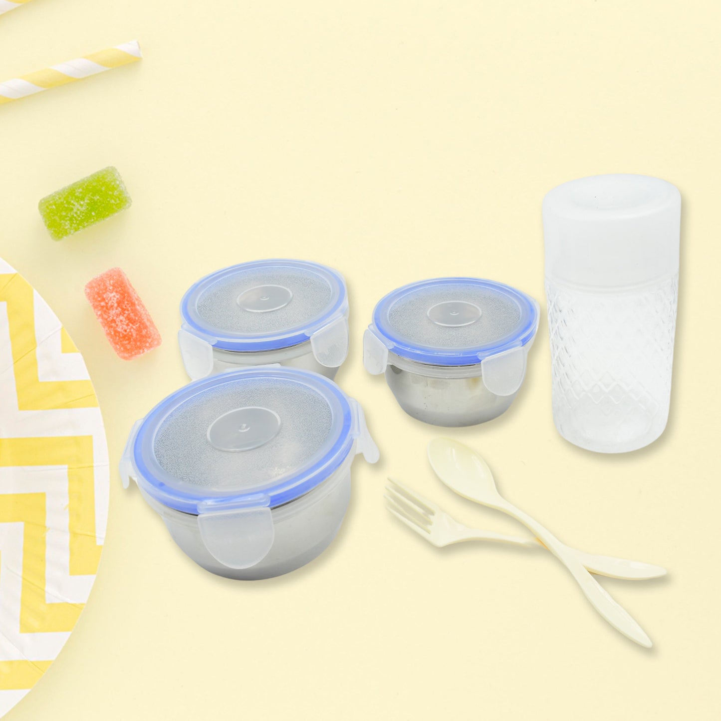 6in1 Tiffin Box-lunch Box 3 Stainless Steel Containers Plastic Lid Box Spoon Fork Plastic Bottle Insulated Fabric Bag Leak Proof Microwave Safe For Office College And School For Men Women (6 Pcs) - LootFaat
