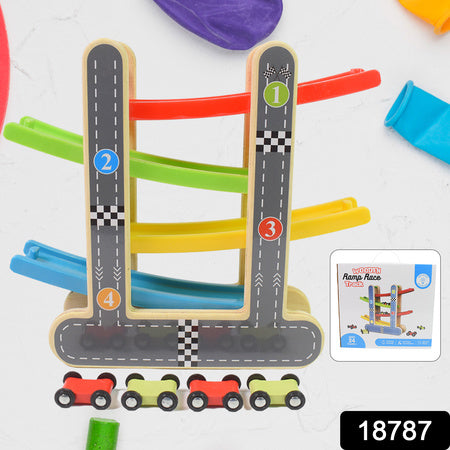 Car Racer Track Play Set Wooden Click Clack Toys With 4 Mini Racers (1 Set) - LootFaat