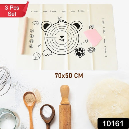 3 In 1 Low Silicone Baking Mat With Wooden Belan Cake Scraper (3 Pcs Set 7050 Cm) - LootFaat