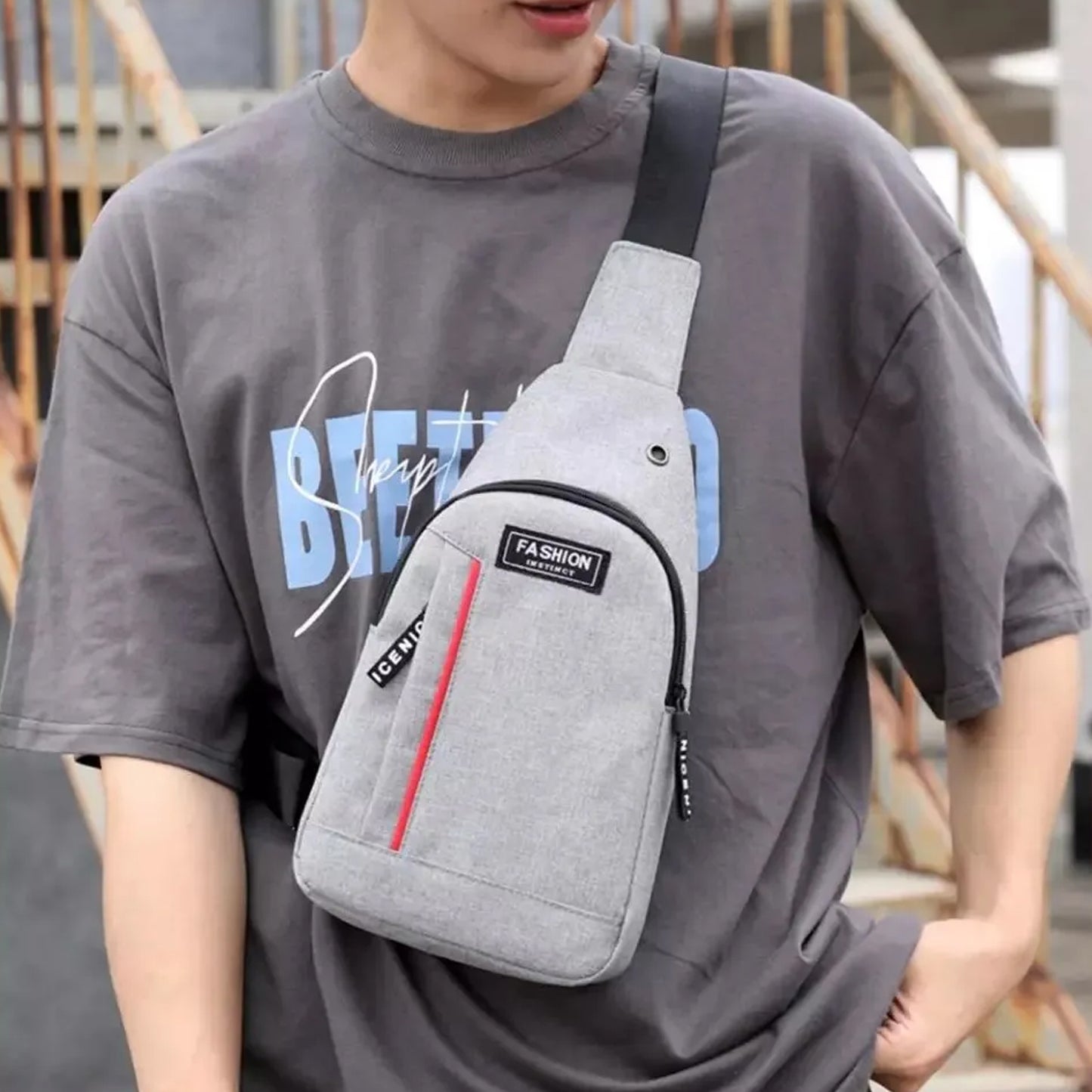 Grey Waterproof Anti Theft Crossbody Fanny Pack Waist Bag Pu Leather Shoulder Bags Chest Men Casual Fashion Usb Charging Earphone Hook Sling Travel Messengers Bag - LootFaat