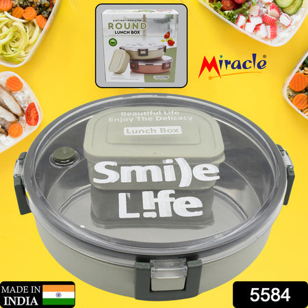 Miracle Stainless Steel Round Lunch Box With Small Plastic Box Insert Leak Proof Lunch Box With Transparent Lid Lunch Box For Kids Adults For School Office (450 Ml + 250 Ml Approx) - LootFaat