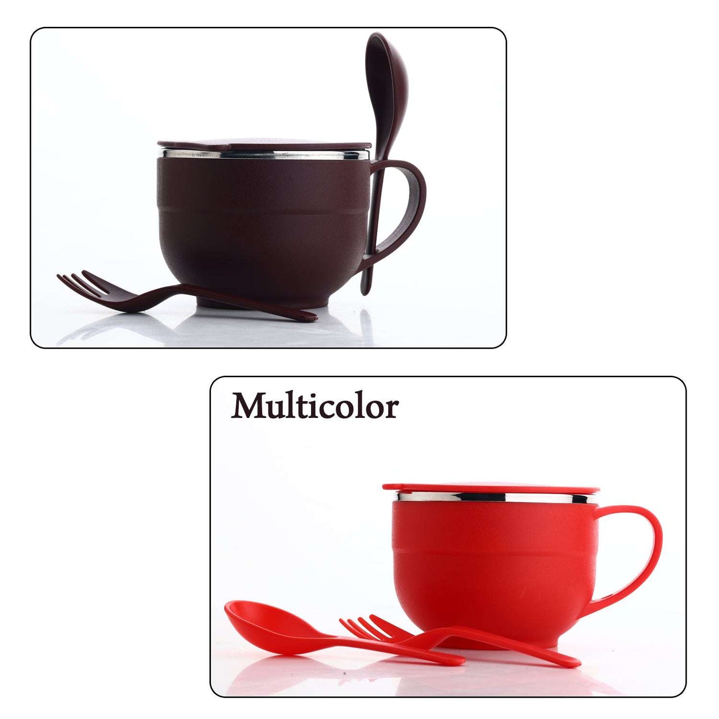 8130 Noodles Soup Bowl With Spoon And Fork Handle Spoon Holder Stainless Steel Bowl And Spoon Set Stainless Steel Storage