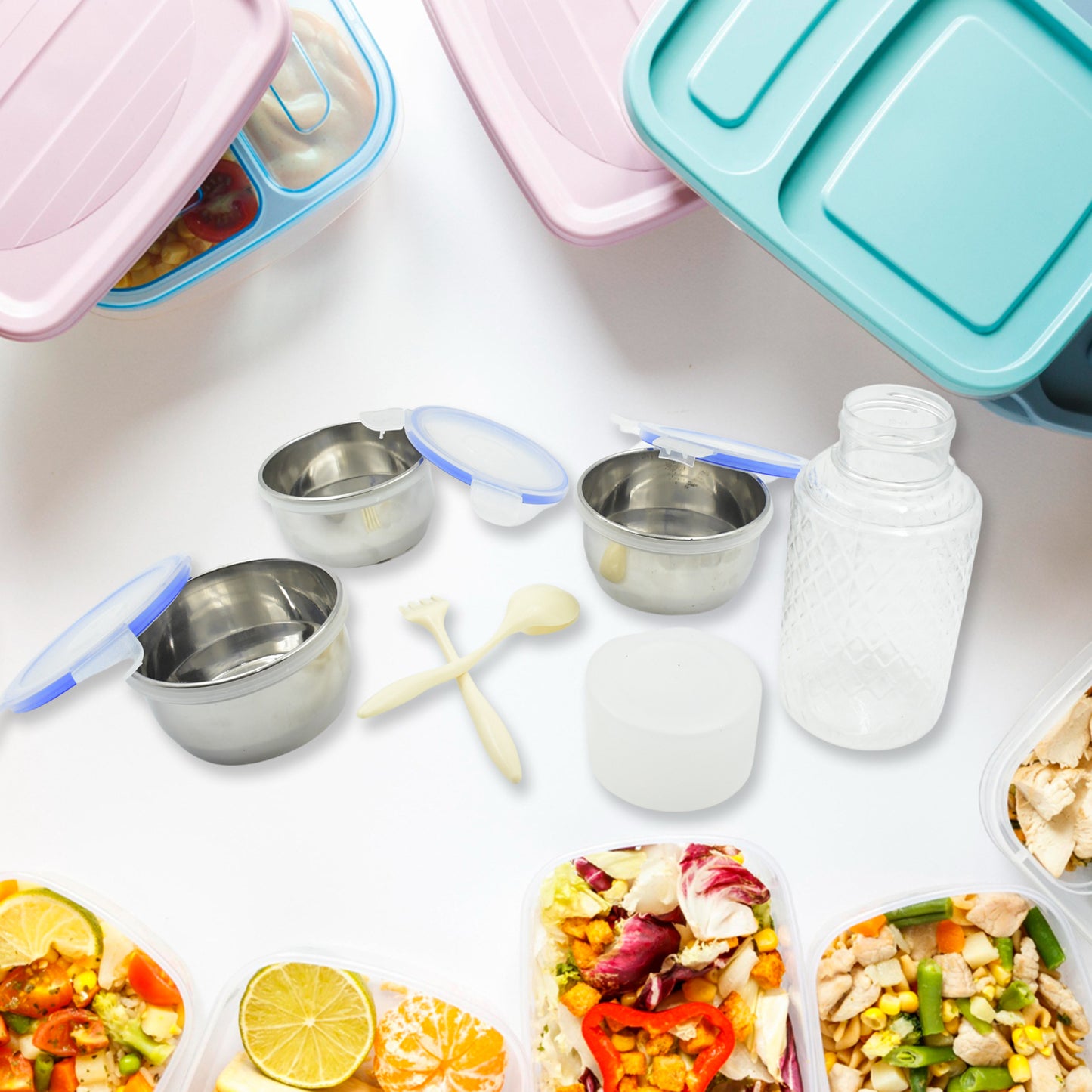 6in1 Tiffin Box-lunch Box 3 Stainless Steel Containers Plastic Lid Box Spoon Fork Plastic Bottle Insulated Fabric Bag Leak Proof Microwave Safe For Office College And School For Men Women (6 Pcs) - LootFaat