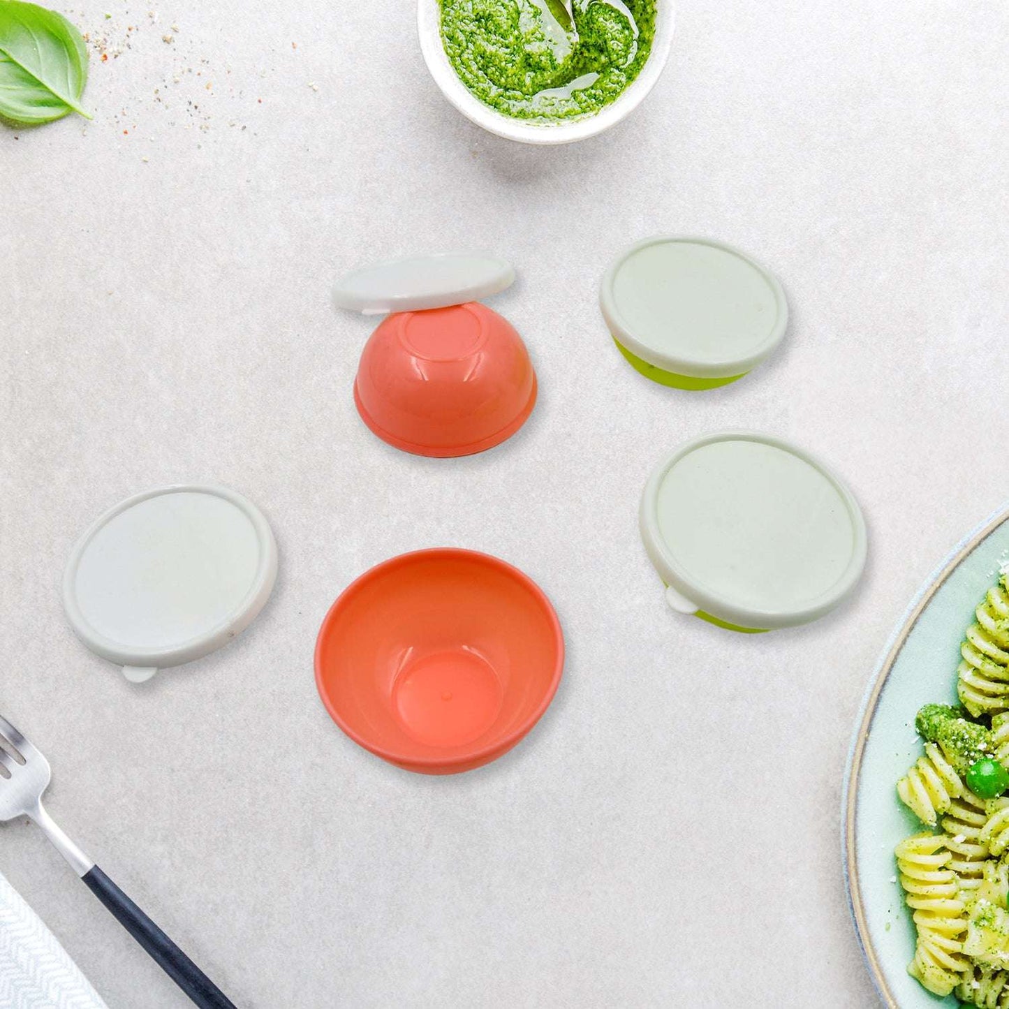 Multipurpose Small Round Plastic Bowl Katori With Lid Microwave Safe Reusable Lightweight Bowl Dishwasher Safe Chutney Bowl (4 Pcs Set) - LootFaat