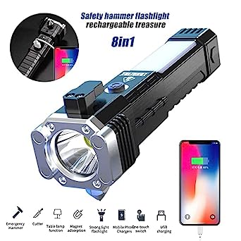 Portable 3w Rechargeable Torch Led Flashlight Long Distance Beam Range Hammer And Strong Magnets Window Glass And Seat Belt Cutter 4 Modes For Car Camping Hiking Indoor Outdoor - LootFaat