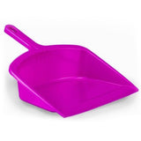 Durable plastic dustpan with handle, ideal for multiple surfaces.