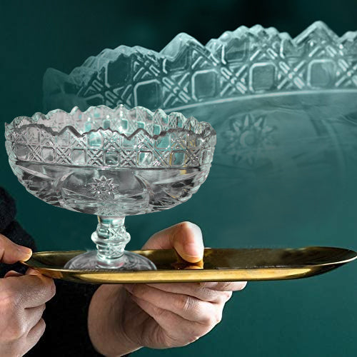 Elegant crystal glass fruit bowl, designer decorative piece for table.