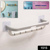 Wall-Mounted Double Bar Towel Holder with Hooks & Adjustable Folding Shelf