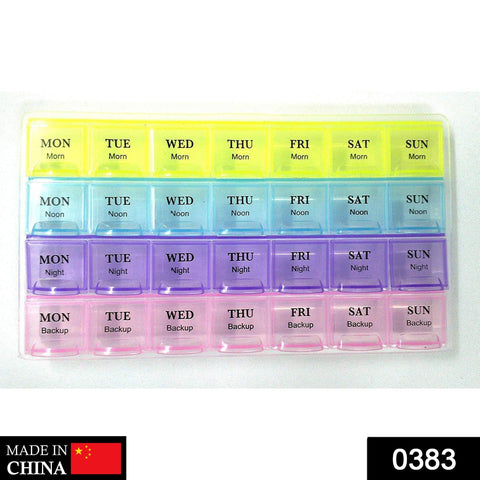 Compact pill storage container with labeled sections for daily medication.