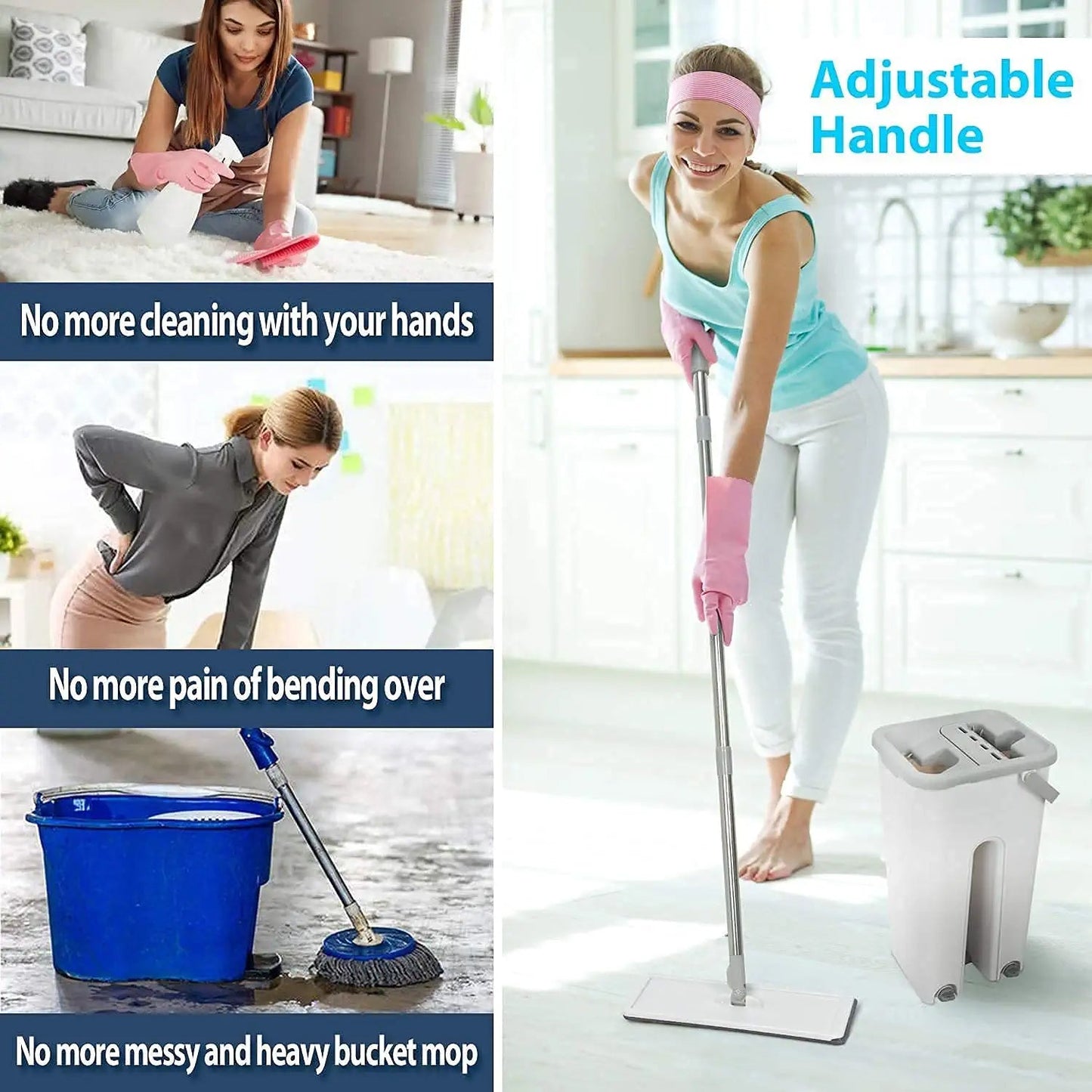 Self-cleaning mop with flat design and hands-free washing and drying