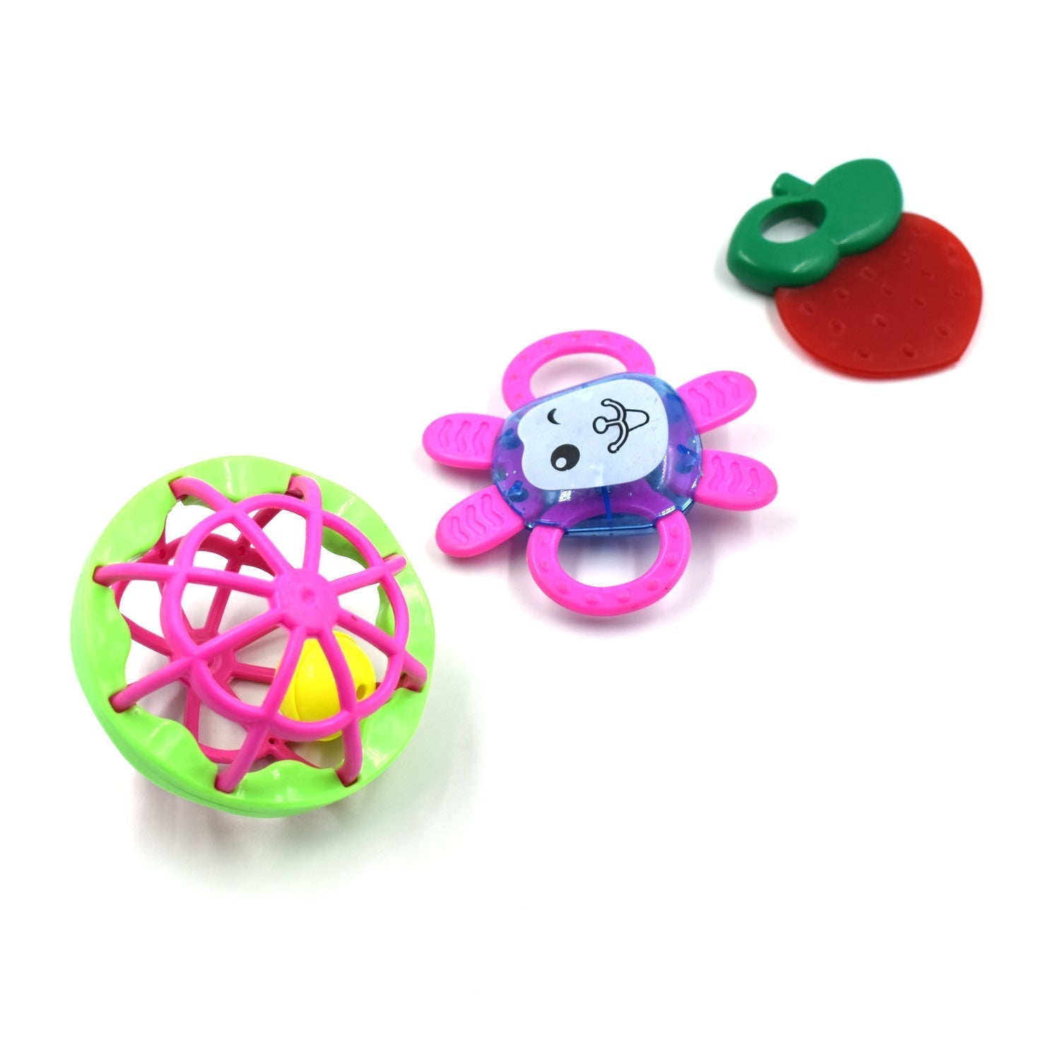 Set of three colorful baby rattles designed for sensory play and development.