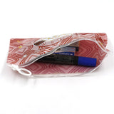 Red printed pouches for carrying and organizing personal items