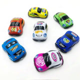 Group of mini pull back cars, showcasing different designs for children.