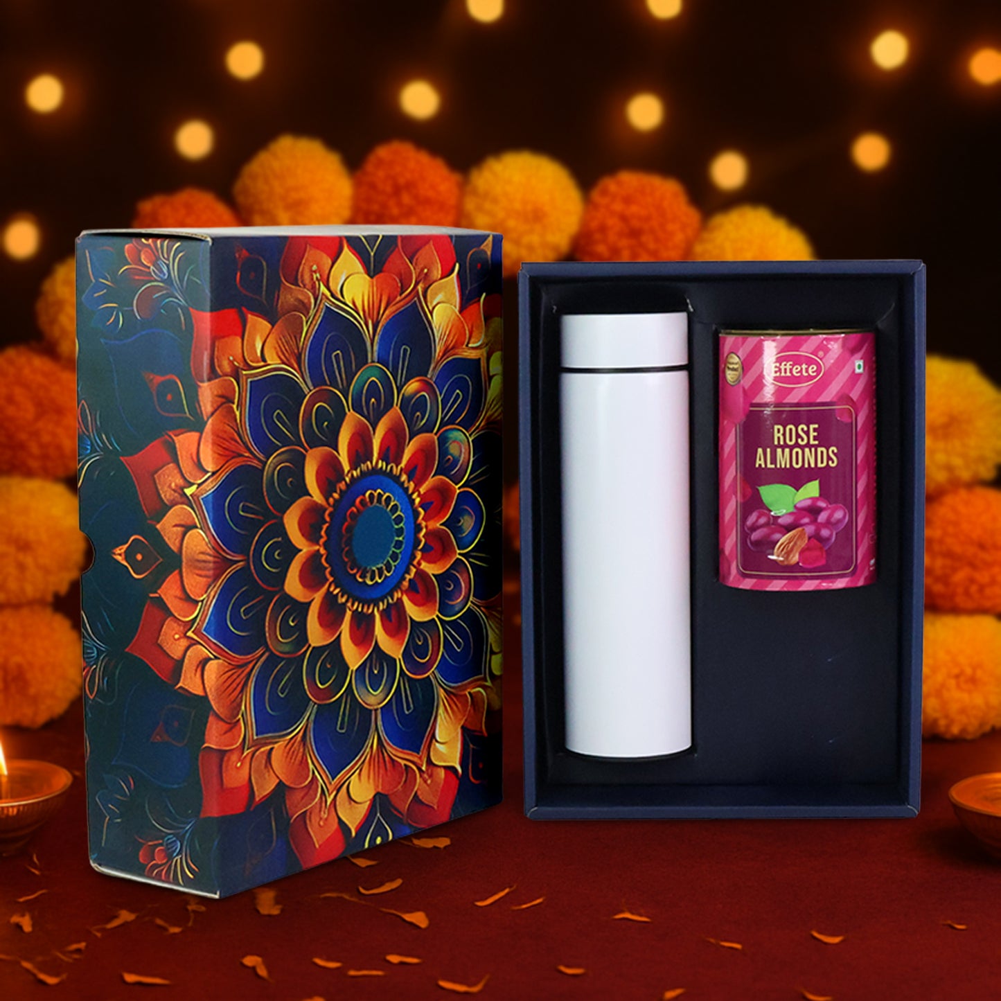 Rose Almonds Chocolate Gift Hamper with Bottle - Golden 2pc Set