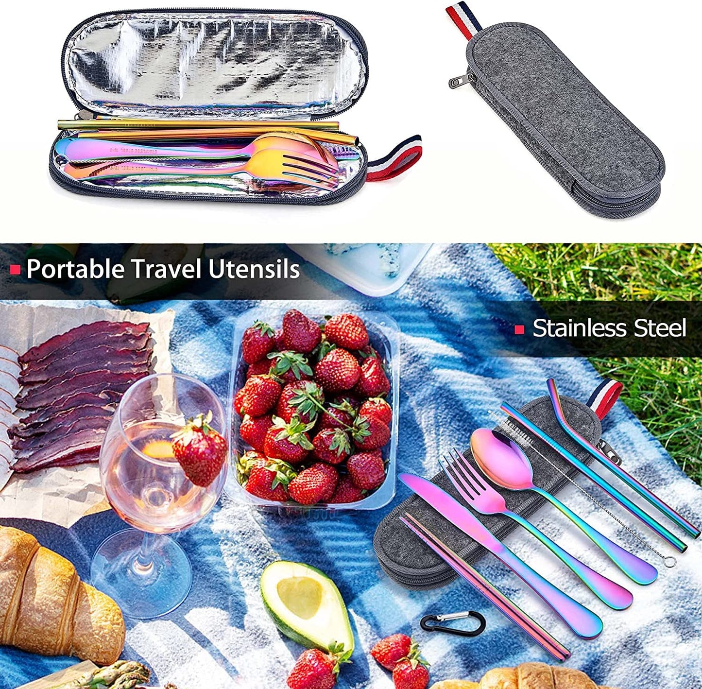 Portable Utensils Set,Reusable Travel Cutlery Set with Case Stainless Steel Flatware Set for Camping 8pcs Including Dinner Knife Fork Spoon Chopsticks Boba Straw (Rainbow)